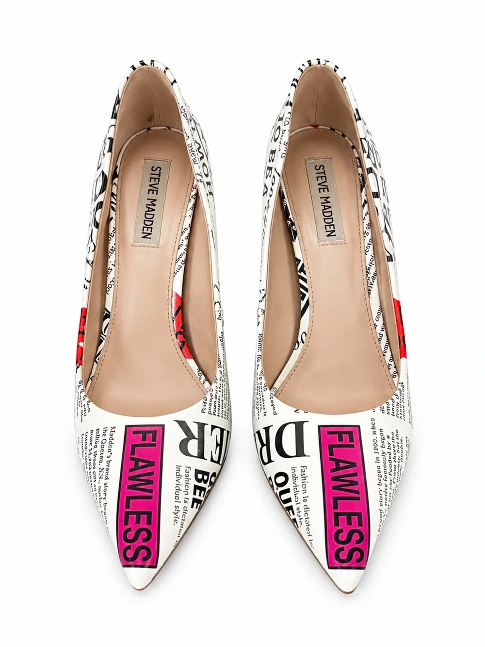 Steve Madden Newspaper-Print Pointed Stiletto Pumps in White, Black and Red
